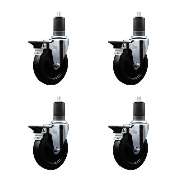 5'' Hard Rubber Swivel 1-5/8'' Expanding Stem Caster Set with Brake, 4PK